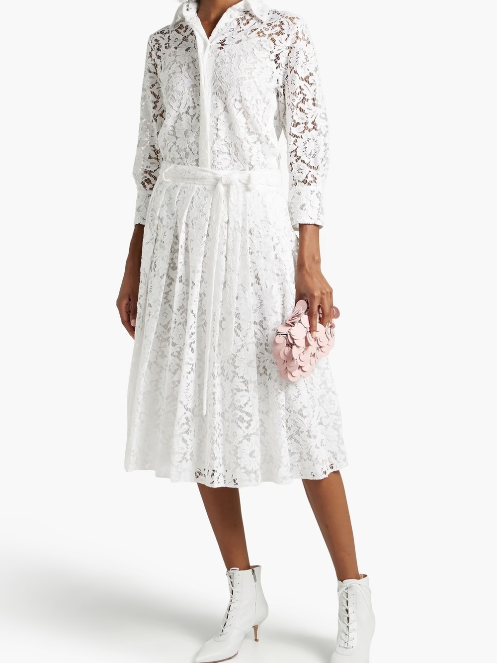 Valentino White Floral Lace Midi Shirt Dress Pleated Belted NWT Size IT 46 $5200